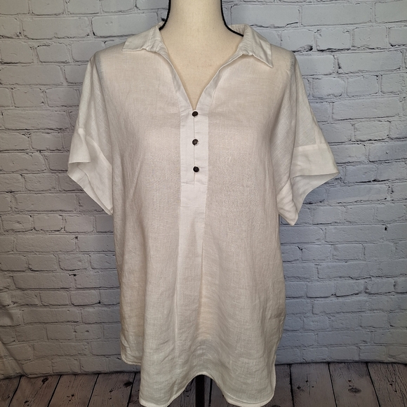 Lafayette 148 White 100% Linen 3/4 Button Up Tailored Camp Shirt Large - Picture 1 of 9